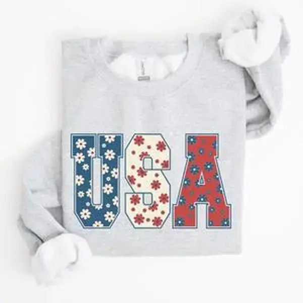 USA, Floral Print, Patriotic, America Flag Sweatshirt, Women's Crew Neck,4th of july outfits for women, 4th of july, 4th of july shirt, t shirts for men