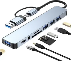 8-in-1 USB C Hub Adapter with 4K HDMI, 3.5mm Audio, TF/SD Reader & 4 USB Ports, Portable USB Extender Docking Station for iPhone 15, iPad Pro, MacBook & Mobile Devices