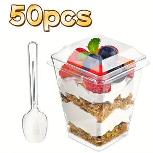 50 Pack 5oz Clear Disposable Dessert Cups with Lids and Spoons – Mini Plastic Parfait Cups, Bulk Individual Snack Containers for Parties and To-Go Treats