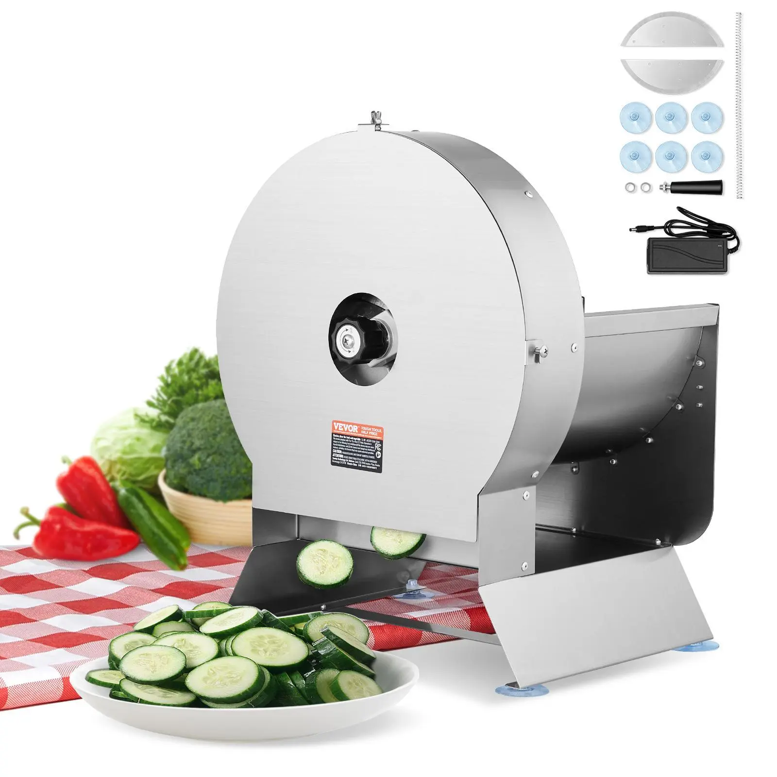 【Summerfinds】VEVOR Kitchen Electric Vegetable Slicer, 0-0.5in/0-12mm Thickness Adjustable Commercial Mandoline, Convertible to Manual Use, Stainless Steel Food Cutter, Large Feed Port with Suction Cups for Potato, Tomato, Smooth Slicing, Vegetable Slicing