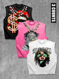 Casual Sporty Fitness Tank Top Set, Rivet Design Trendy Print, Summer Sleeveless Workout Vest Tops, Unisex Streetwear, Three-Piece Set, Graphic Print