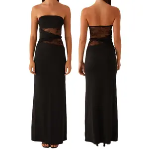 Women's Summer Long Tube Dress Sheer Lace Patchwork Sleeveless Strapless Backless Bodycon Ankle Length Dress