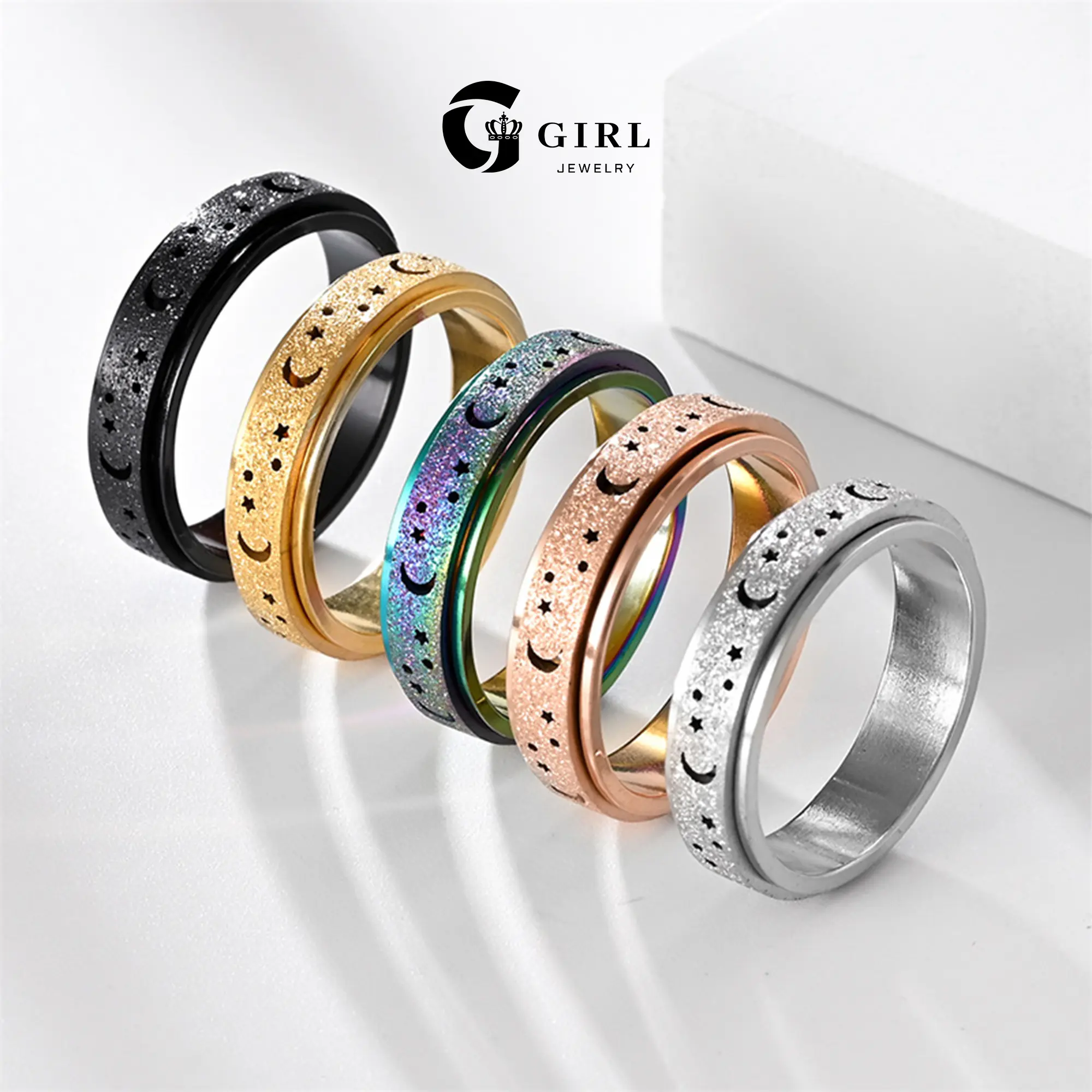 GGIRL   Rotating Star And Moon Stress-Relief Ring, Frosted And Shimmering Rotating Ring, Available In Multiple Colors For Everyday Wear, Unisex Mood-Boosting Jewelry, Sizes 5–12, Thoughtful Gifts For Anniversaries & Birthdays