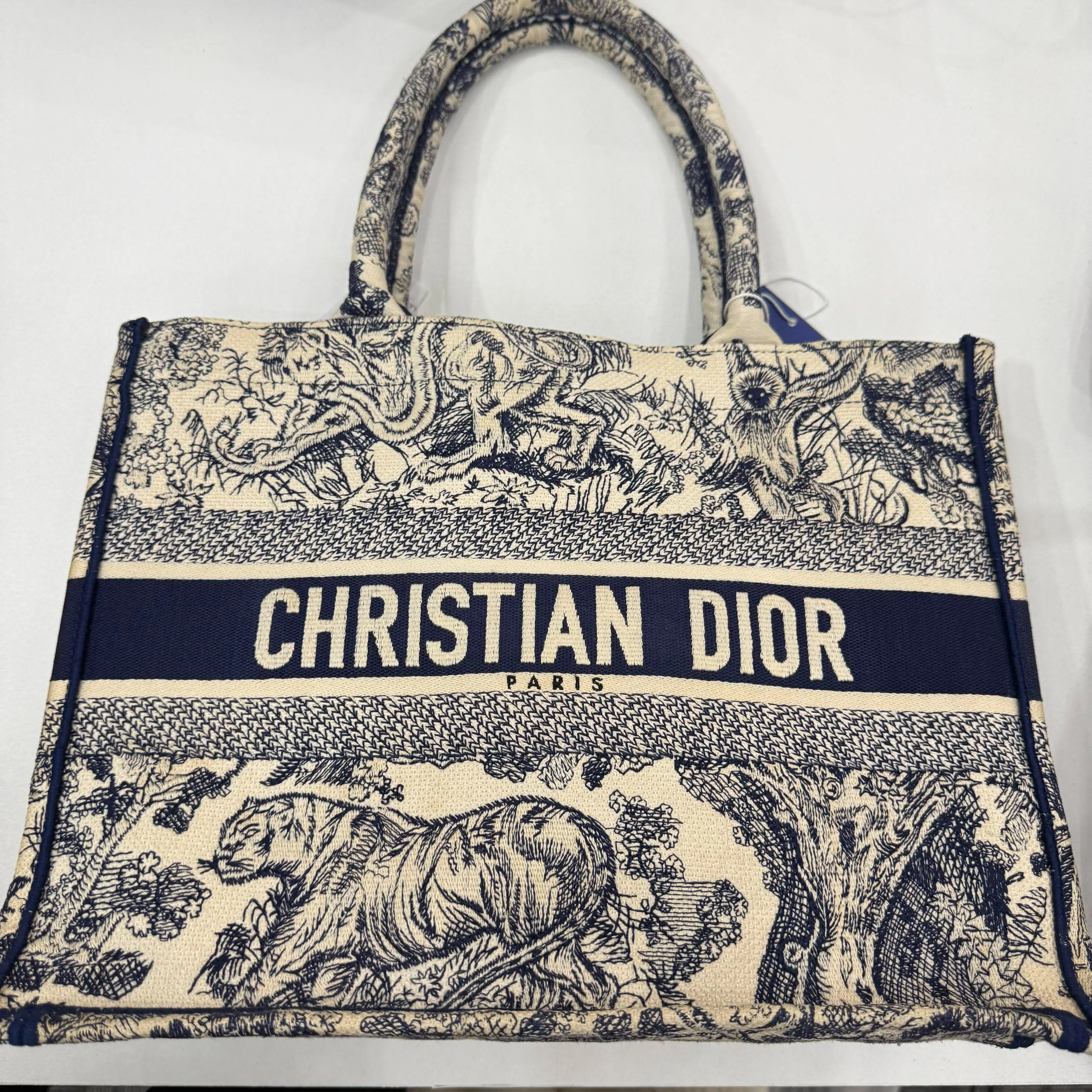 Pre-owned Dior Pre‑owned,100% authentic Christian Book‑Tote Toile de Jouy Wildlife‑Pattern Canvas Top‑Handle Tote Handbag