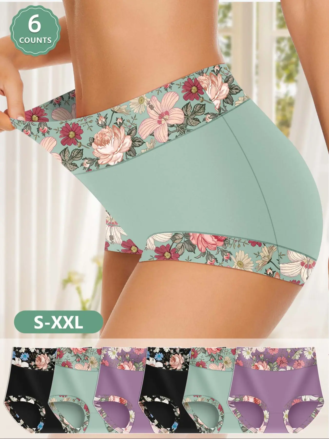 6-Pack MEIYATING High-Waist Casual Everyday Women's Underwear, Intimates Panties, Waist Cinching Butt Lifting Floral Pattern, Comfortable Fitted Fit, High-Quality Skin-Friendly Triangle Panties, Fitted Knicker
