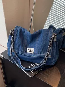 Women's Denim Shoulder Bag, Denim Shoulder Satchel, Fashionable Large Capacity Travel Bag, Casual Underarm Chain Strap Crossbody Bag for Daily Outings & Shopping, Crossbody Shoulder Purses, Crossbody With Chain, Crossbody Handbags