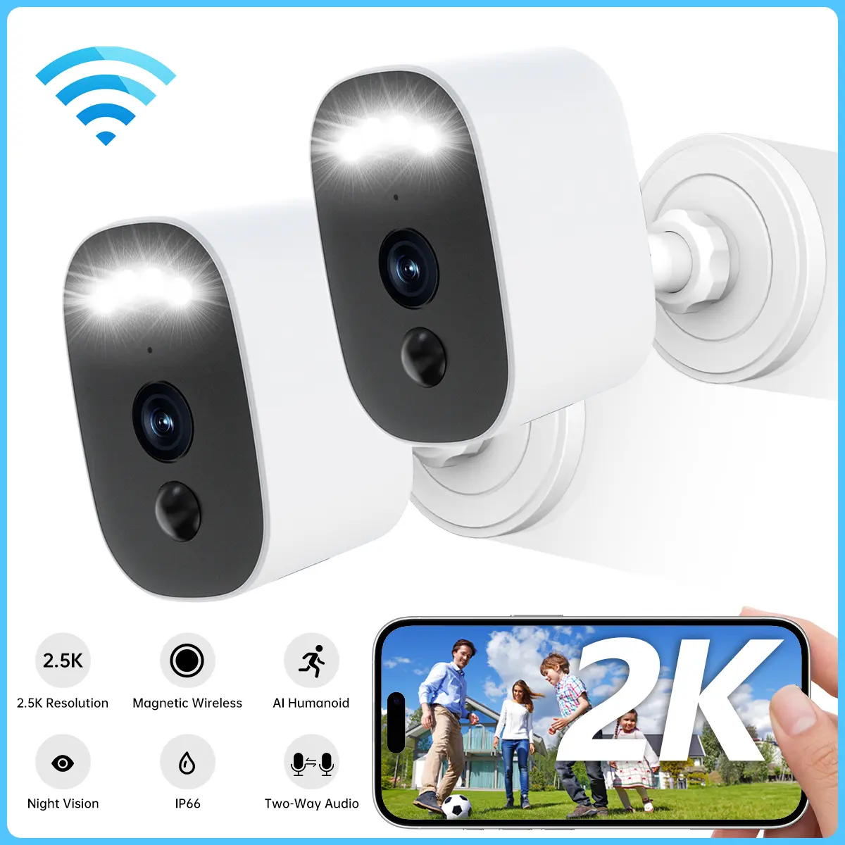 【JOOAN 2.5K Wireless Outdoor/Indoor Magnetic Camera】1 Year Warranty, Free Install 2.4G WiFi Security Camera – HD Video, Human Detection,  Color Night Vision, IP66 Waterproof, Two-Way Audio, Spotlights & Alarms, App Remote Monitoring, Alexa Compatible