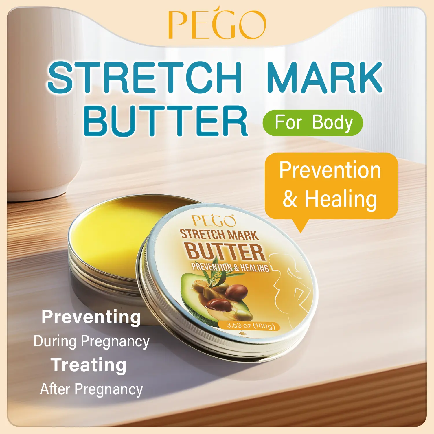 Stretch Mark Butter - Organic Belly Butter for Pregnancy and Nursing - Repair Stretch Marks and Scars - Shea Butter & Vitamin E Rich Formula, Paraben, Phenoxyethanol Free, 3.53 Oz/100g