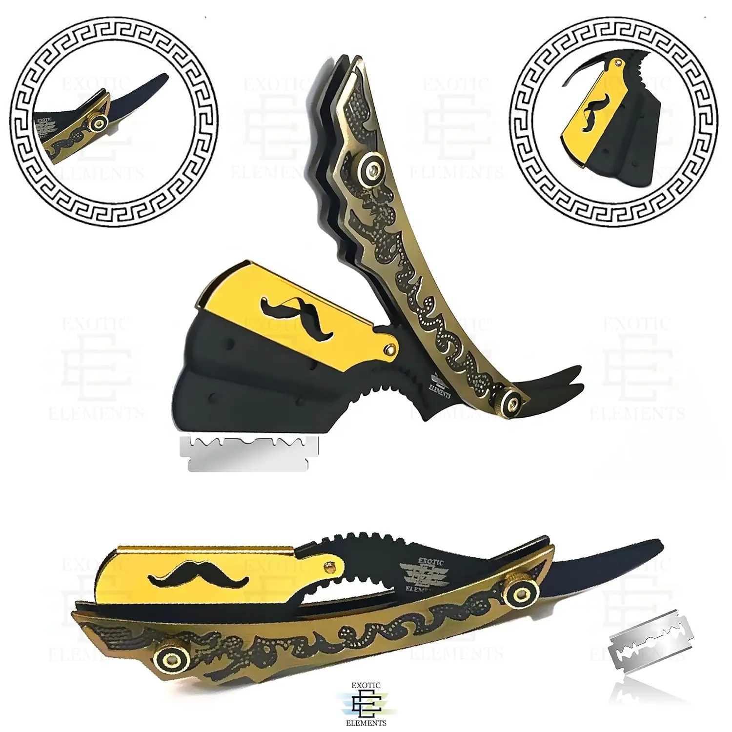 Bronze Gold and Black Straight Edge Shaving Razor with Tension Adjustable Screw  - Barbershop and Personal Use - Shaving Razor for Beard Mustache Eyebrows Body Hair Forehead Sideburns - Sharp Blade - Blades Included