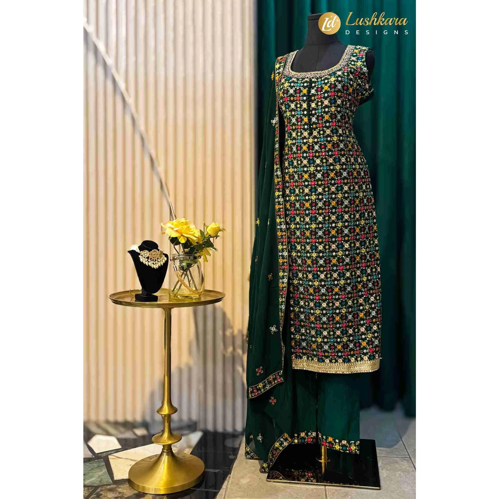Lushkara Deep Green Floral Embroidered Sharara Suit
