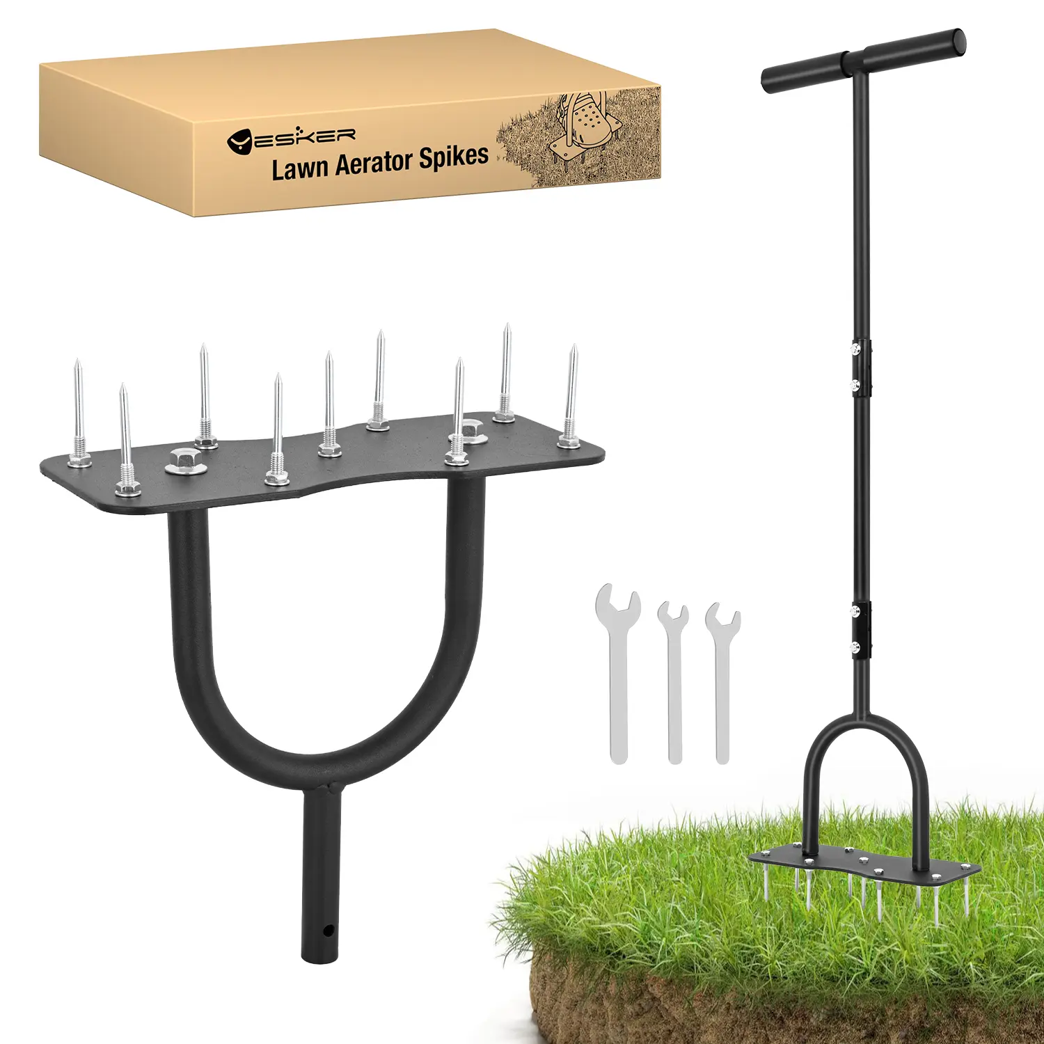 Yesker Durable Construction Steel Manual Metal Lawn Aerator Spike Tool - 9 Spikes, Deep Penetration In, Foot-Operated, Ergonomic Design, Easy to Use & Assemble, Soil Aeration Dethatching Tool for Grass Lawns, Gardens