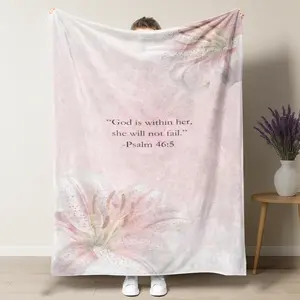 Psalm 46:5 Flannel Blanket, "God Is Within Her" Quote & Pink Lily Print, Ultra Soft Throw for Christian Encouragement