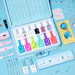 Beetles Gel Nail Polish Kit with Mini LED Nail Lamp Summer Pretty Box Neon Gel Polish with Base Top Coat Nail Art Brushes 42pcs Gift Basket for Women
