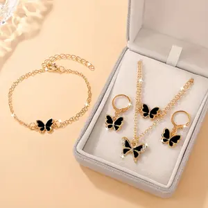 LIGHT CATCHER JEWELRY Four-Piece Elegant Women's Fashion Jewelry Set - Sparkling Butterfly Necklace, Rose Gold Matching Earrings and Ring, a perfect choice for Valentine's Day, weddings, and Mother's Day |   Butterfly Jewelry Set