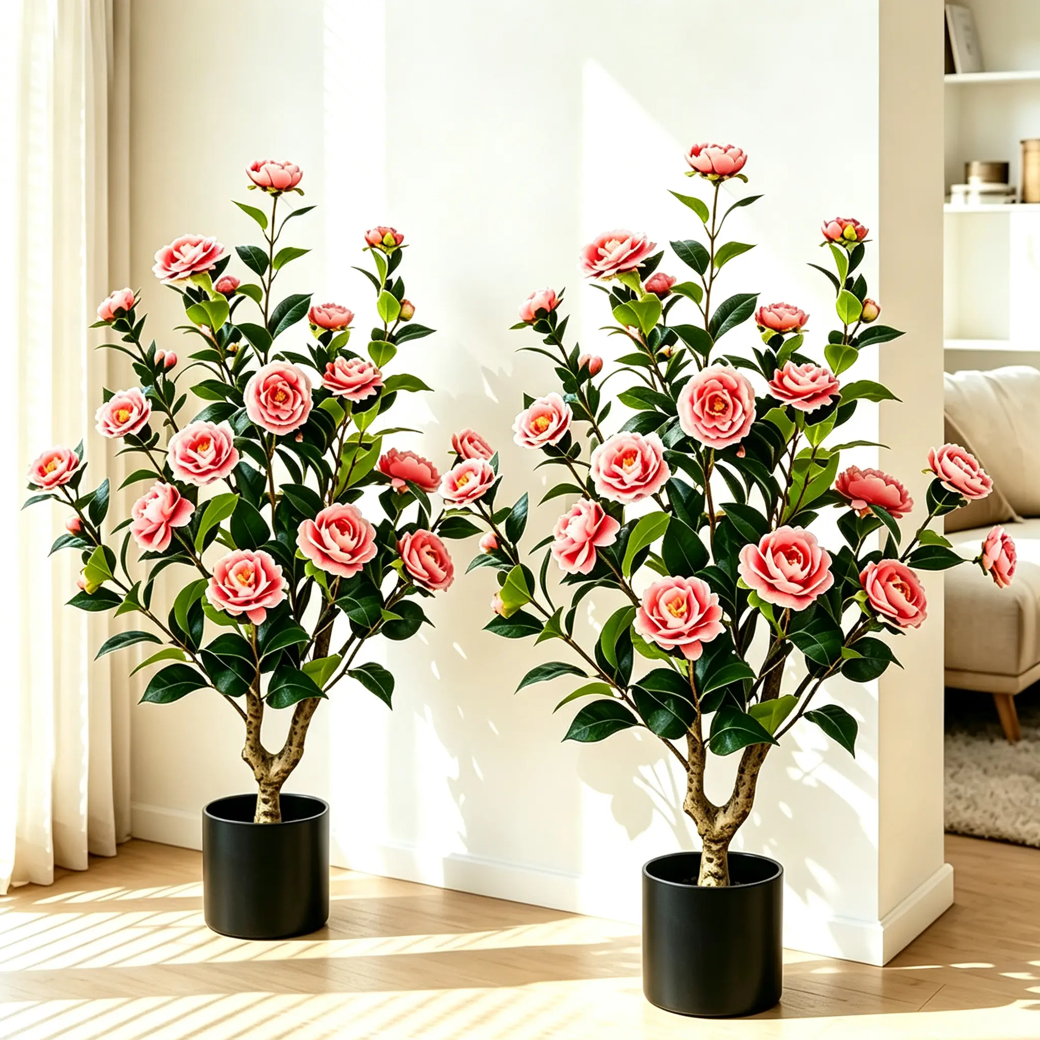 35" Realistic Artificial Camellia Tree, 2 Pcs No Fading Fake Flower Shrub, Weather Resistant Artificial Plants for Bedroom Patio Wedding Home Decoration, Best Housewarming Present