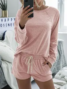Women's Solid Color Ribbed Sleeve Tee & Drawstring Waist Shorts Set, Casual Loose Fit Round Neck Long Sleeve Top & Pocket Shorts Pajama Set, Nightwear