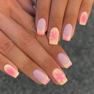 Set of 24 Press-On Nail Tips Medium-Long Square French Design, Gradual Gradient Floral Nail Art, Reusable Spring Summer Style