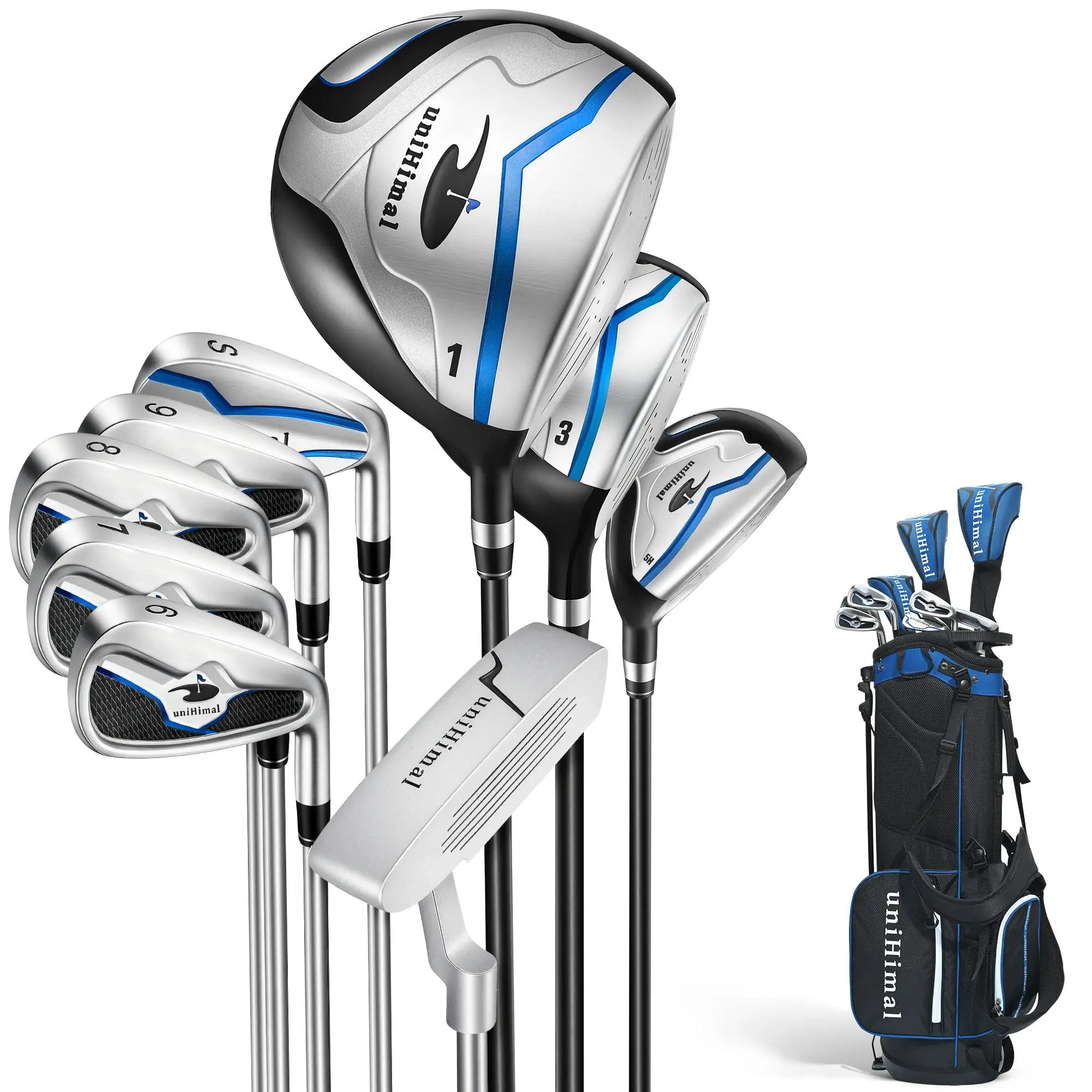 UNIHIMAL 13-Piece Men's Golf Club Set, Right Hand Complete Package with High Forgiveness Driver, Blade-Back Wedges, Rubber Grips, and Golf Stand Bag, Golf Size Stand Bags