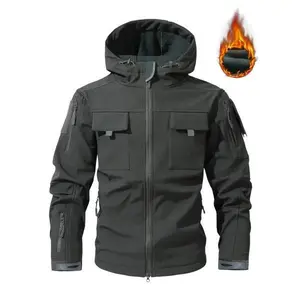 Men's autumn and winter wool lined thick hooded camouflage jacket, front zipper windproof and waterproof soft shell fabric, suitable for running, hiking, cycling and daily casual wear