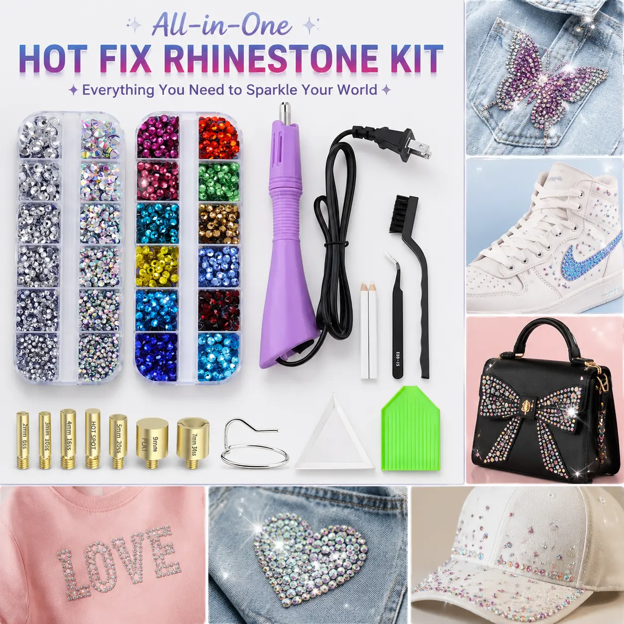 Hot Fix Rhinestone Kit with Applicator Tool, Sparkling DIY Gem Set for Clothes Shoes Bags Crafts, Fashion Decoration Supplies