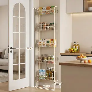 Behind Door Bathroom Shelf Narrow 5-Tier, Slim Storage Rack for Small Spaces with Anti-Slip Base, Freestanding Over The Door Organizer, Space Saving Shelving Unit for Bathroom Kitchen Pantry, Ivory