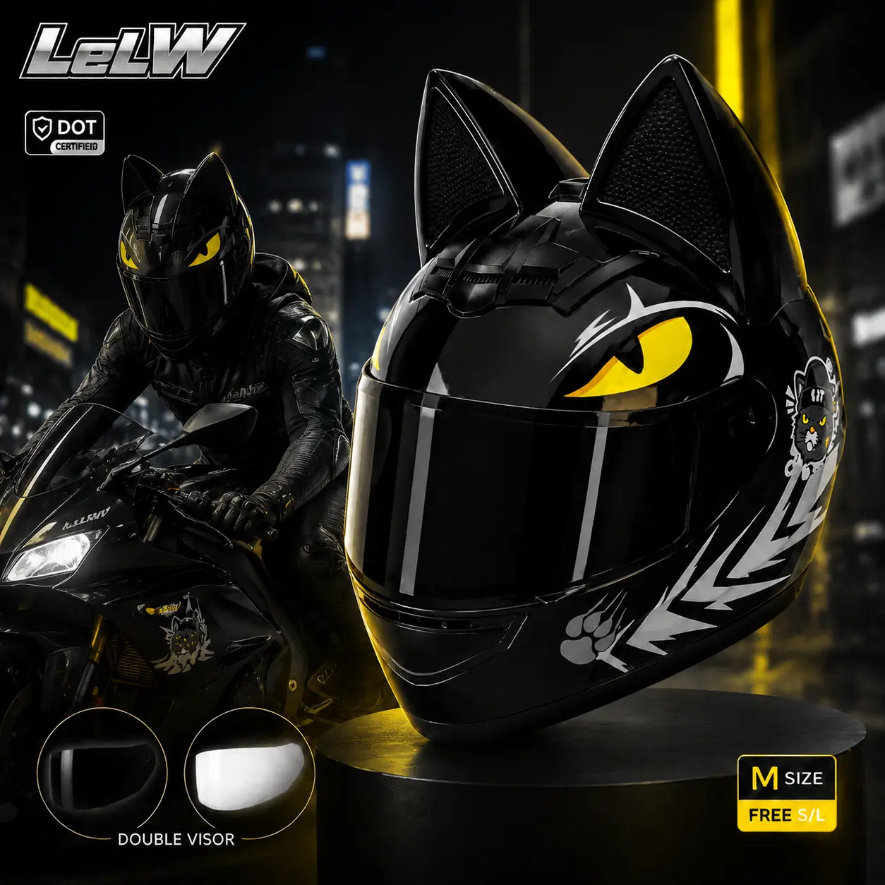 LeLW Full Face Cat Ear Motorcycle Biker Helmet - DOT Certified, 2026 New Release, Bluetooth Ready, Dual Anti-Fog Integrated Visor, Lightweight Ventilated Safety Riding Helmet, Moto Gear for Commuting E-bike Riders, Free S & L Fit Pads, Dot Certified Full