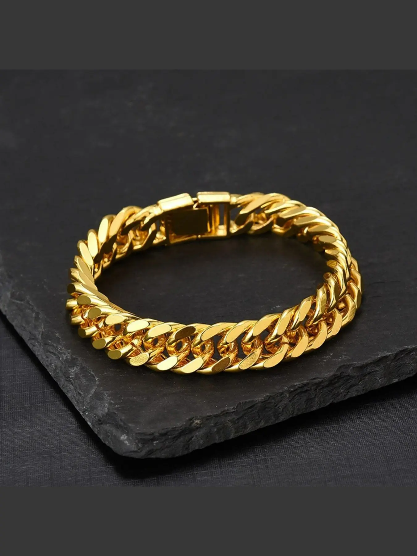 Men's Fashion Gold Plated 10mm Bracelet, Unique Bold Dual Buckle Trendy Punk Aesthetic Large Bracelet, Stylish Accessory for Men, Fashionable Bracelet, Punk Style Bracelet, Chain Bracelets