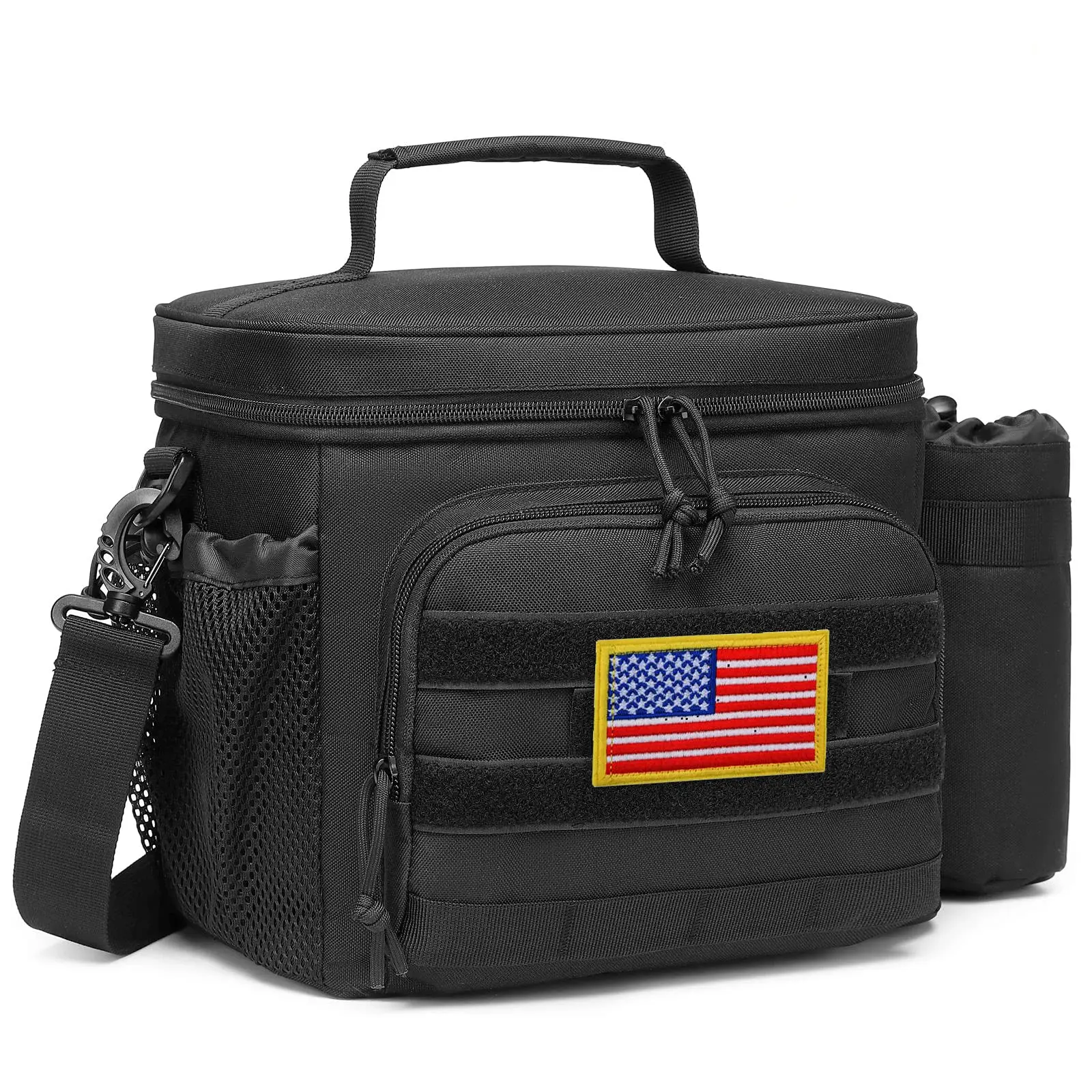 12L Tactical Lunch Box for Men, Insulated MOLLE Cooler Bag with Detachable Water Bottle Pouch, Durable Leakproof Military Lunch Bag for Work Park Camping Fishing