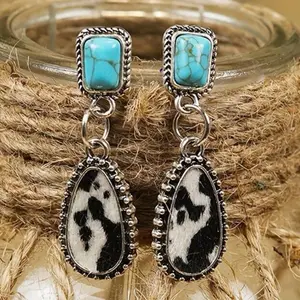 Western Style Blue Stone & Cowhide Earrings for Women Fashion Jewelry Unique Design