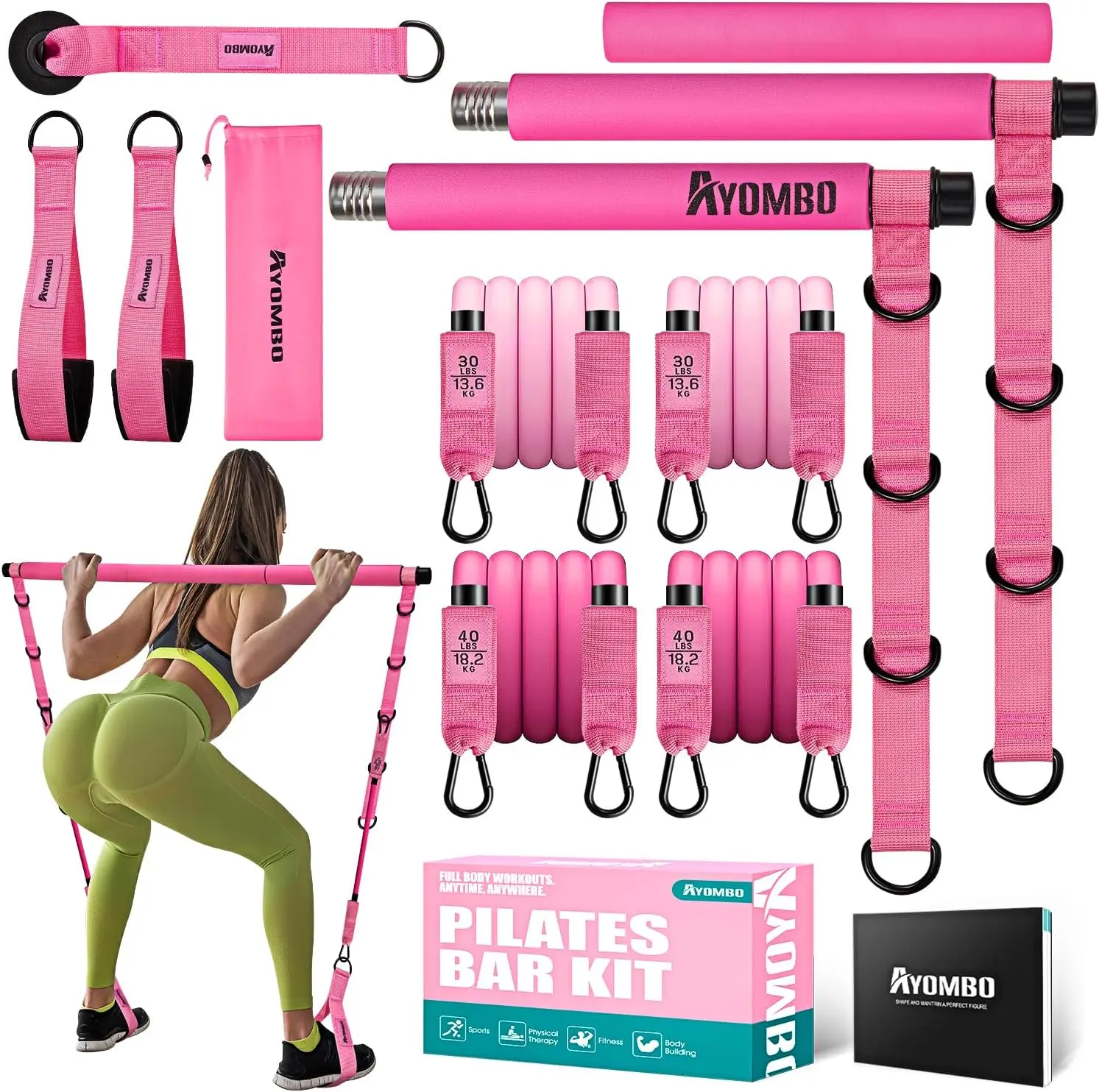 Pilates Bar Kit with Resistance Bands, Pilates Workout Equipment for Legs, Hip, Waist, Arm, Squats Exercise Equipment for Home Workouts, Adjustable 3-Section Pilates Bar Kit for Women & Men,Best Christmas Gifts for Dads/Moms/Boys/Girls