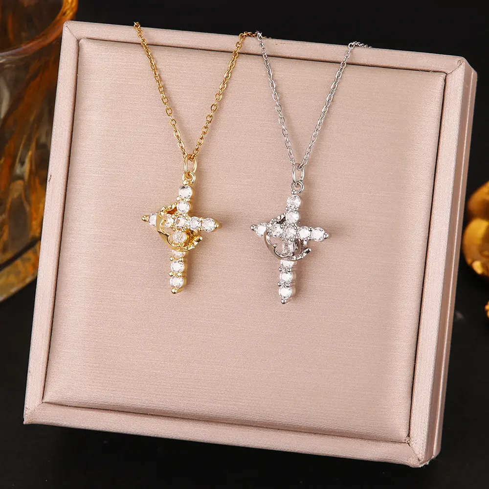 Rotatable Crown Sparkling CZ Cross Medallion Necklace - Unisex Christian Spiritual Jewelry, Bright Elegance for Daily Wear, Ideal Birthday Gift