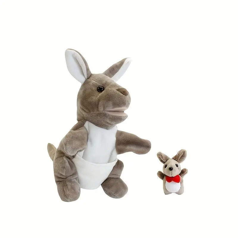 Kangaroo Mom and Red Bow Tie Baby Kangaroo Hand Puppet, cute plush kangaroo toy, suitable for games and entertainment, interactive play, and can also be used for theatrical performances