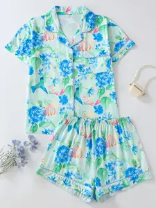Women's 2-Piece Pajama Set, Blue Floral Hummingbird Full Print, Collared Button Short Sleeve Top, Loose Comfortable Shorts, Sweet Sleepwear Loungewear, Summer Pyjama Set