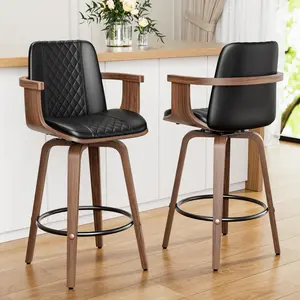 Aowos 26" Bentwood Barstools with Arms High Back Mid-Century Modern Swivel Chairs for Kitchen Island Retro Look & PU Leather Comfort, Home,  Bar Set, Soft, Seat, Cushion