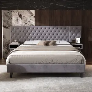 King Size Platform Bed with Headboard, Modern Velvet Upholstered King Platform Bed with 2 Nightstands, with Diamond Tufted, No Box Spring Needed, Grey