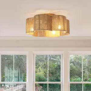 Parrot Uncle 21 Inch Golden Flower-shape Farmhouse Rattan Flush Mount Ceiling Fan with Light APP and Remote Control