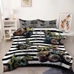 2/3Pcs Green T-Rex Monster Truck Comforter Set, Fun Digital Print Dinosaur Bedding Sets, Vibrant with Black & White Stripes, Perfect for Kids' Room and Adventurous Decor, 1 or 2 Pillowcase No Pillow Core