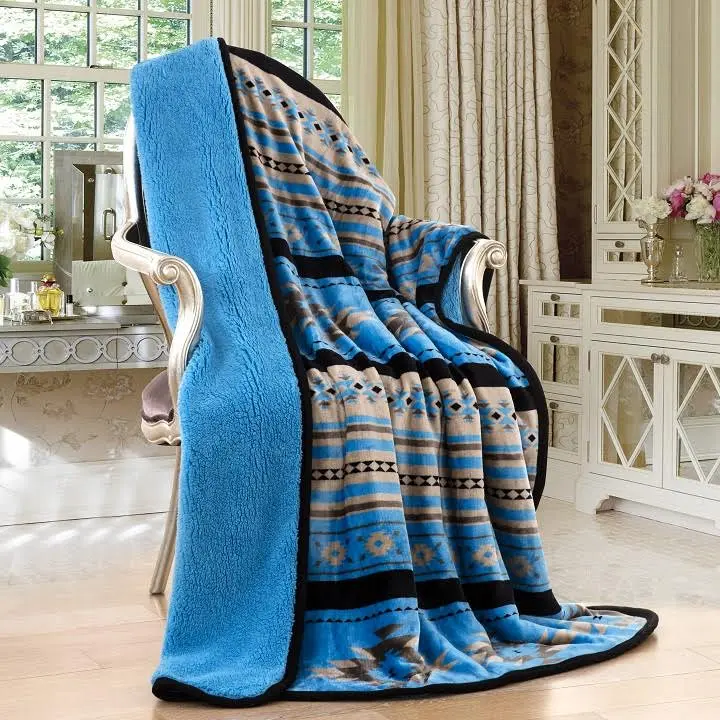 Linen Mart - Southwestern Aztec Sherpa Borrego Fleece Throw Blanket