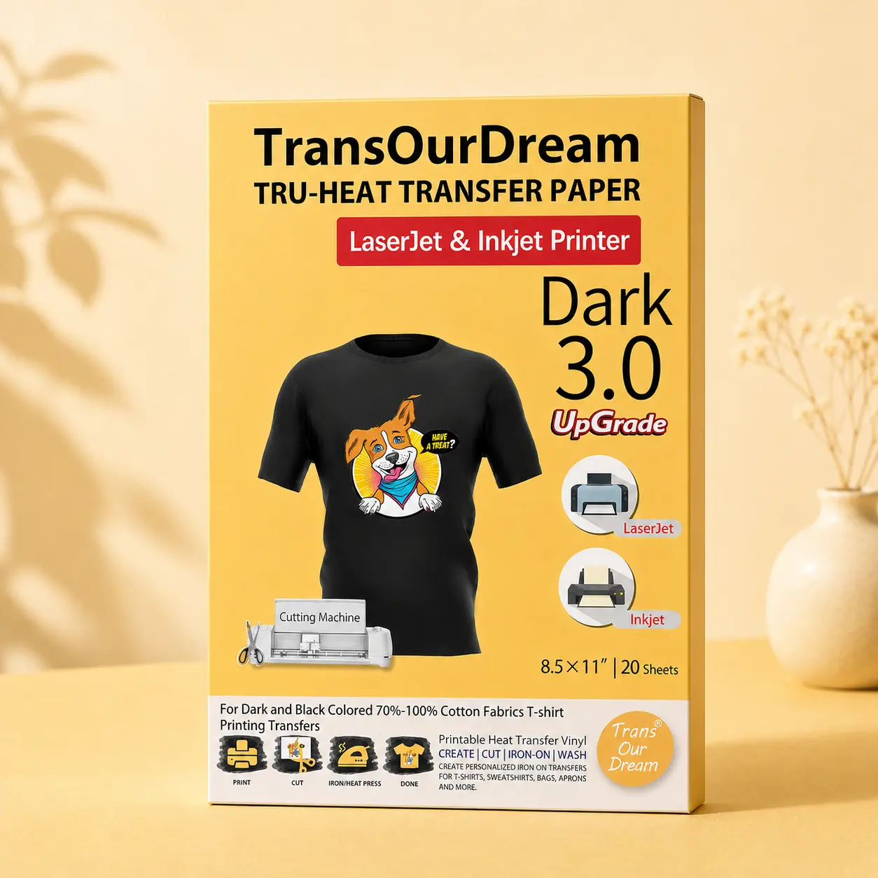 TransOurDream Tru-Heat Transfer Paper for Inkjet & Laserjet Printer (20 Sheets, 8.5x11", Dark 3.0) Printable HTV Heat Transfer Vinyl for T Shirts Iron on Transfers for Dark Fabrics