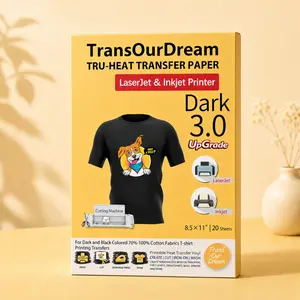 TransOurDream Tru-Heat Transfer Paper for Inkjet & Laserjet Printer (20 Sheets, 8.5x11", Dark 3.0) Printable HTV Heat Transfer Vinyl for T Shirts Iron on Transfers for Dark Fabrics