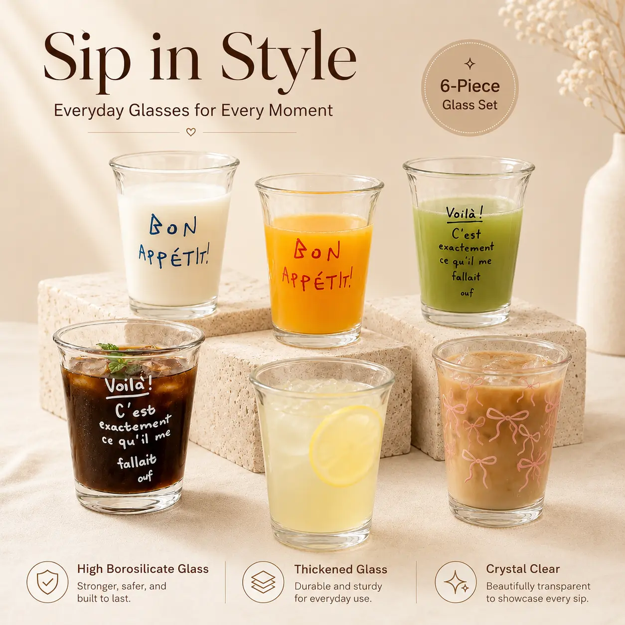funny,trending,day gift ideasCoquette Aesthetic Glass Cup Set - 10oz Viral Tumblers with Pink Bow & Bon Appétit French Quote Print, 4 Styles, Perfect for Iced Coffee, Tea & Girly Home Decor, Cute Gift for Coffee Loversbff gifts