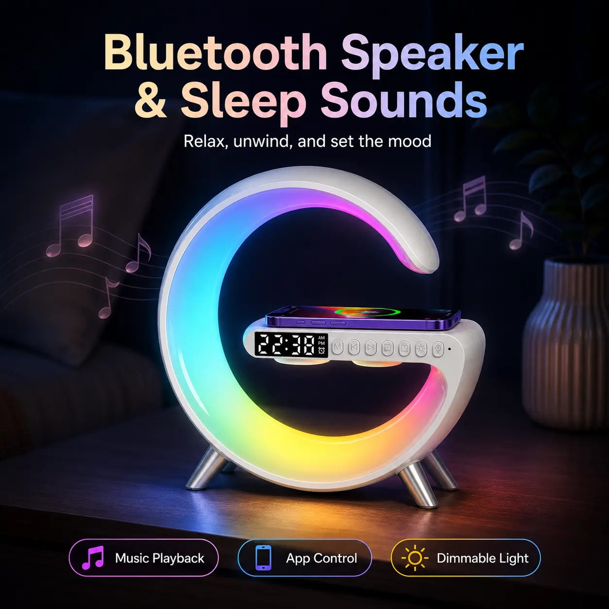 New Intelligent G-Shaped LED Atmosphere Lamp with Bluetooth Speaker, Wireless Charger, App Control & Button Operation for Bedroom Home Decor