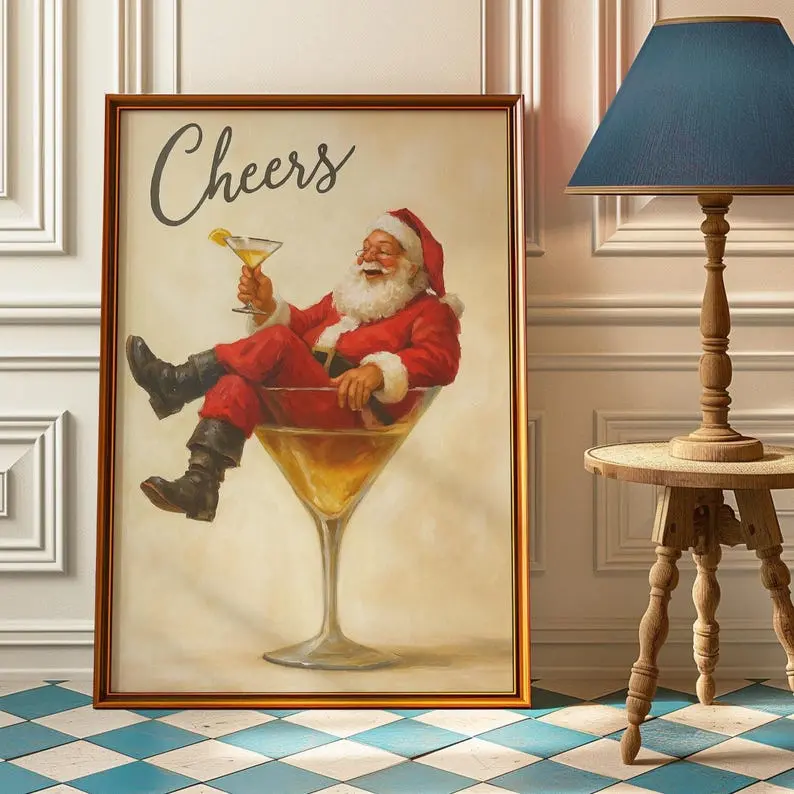 Cheers Santa Claus Poster, Funny Retro Christmas Wall Art, Vintage Holiday Cocktail Print, Christmas Holiday Decor
