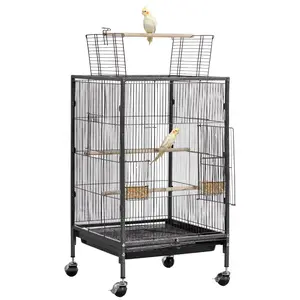【FathersDayGift】VEVOR Bird Cage, 18 x 18 x 30 inch, Open Flat Top, Wrought Iron Bird Flight Cage with Perches, Slide-Out Tray and Plastic Feeders, Casters, for Parrot, Blue Tit, Cockatiel, Canary, Budgerigar, Conure