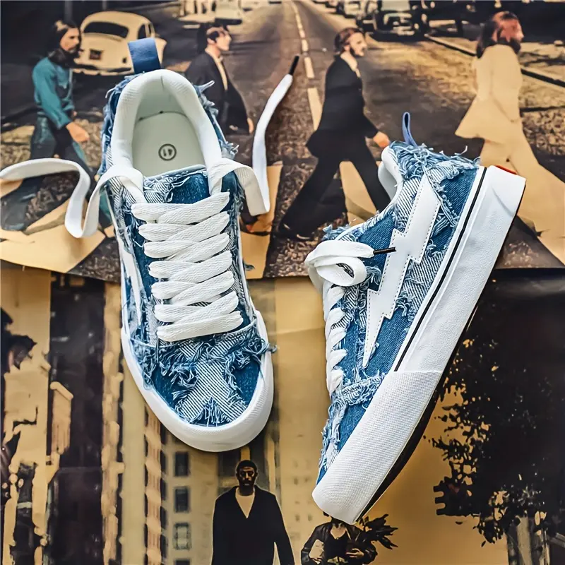 DAWSRi Men's Distressed Denim Canvas Sneakers - Lace-Up Low Tops, Geometric Pattern, Cushioned PU Insole, All-Season Comfort, Vintage Street Style Casual Footwear, Male Sports Shoes, Durable Everyday Shoe, Men's Shoes