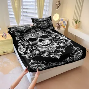 Skull print 3 Pcs fitted sheet set, including 2 coreless pillowcases, strong wrapping, a surrounding retro pattern, a cool & mysterious style, perfect for those who love dark Gothic aesthetics, personalized bedroom bed decorations, ideal for all seasons.
