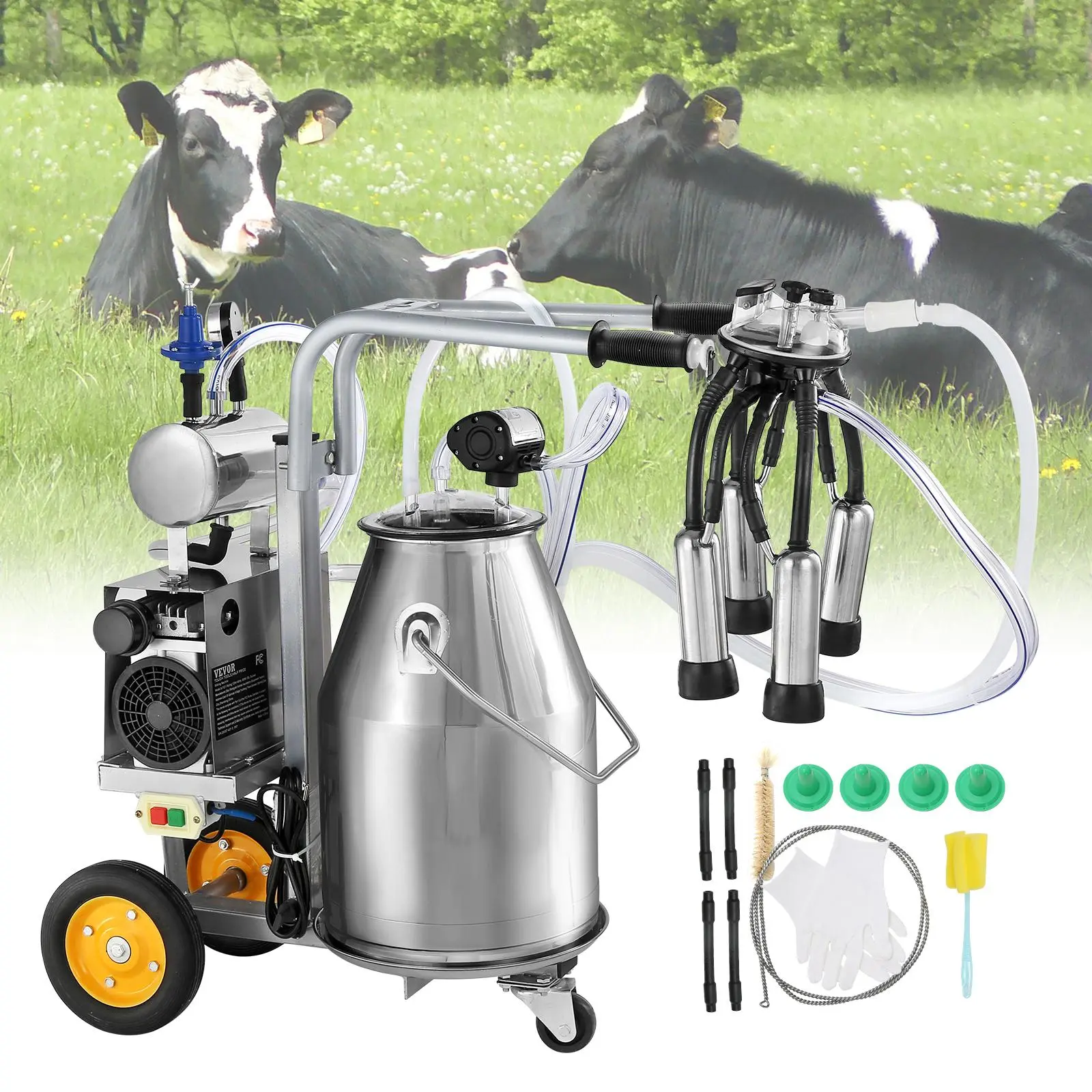 【Summerfinds】VEVOR Electric Cow Milking Machine, 6.6 Gal / 25 L 304 Stainless Steel Bucket, Automatic Pulsation Vacuum Milker, Portable Milker with Food-grade Silicone Cups and Tubes, Adjustable Pressure