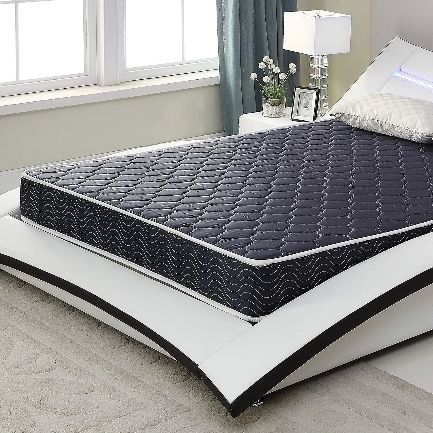 XUAN Double Twin Size 6-in Waterproof High-Density Foam Mattress - Navy Blue Diamond-Quilting Fabric, Breathable Cover, Neck Support, Anti-Bacterial, Compressed Packaging, Airflow Design