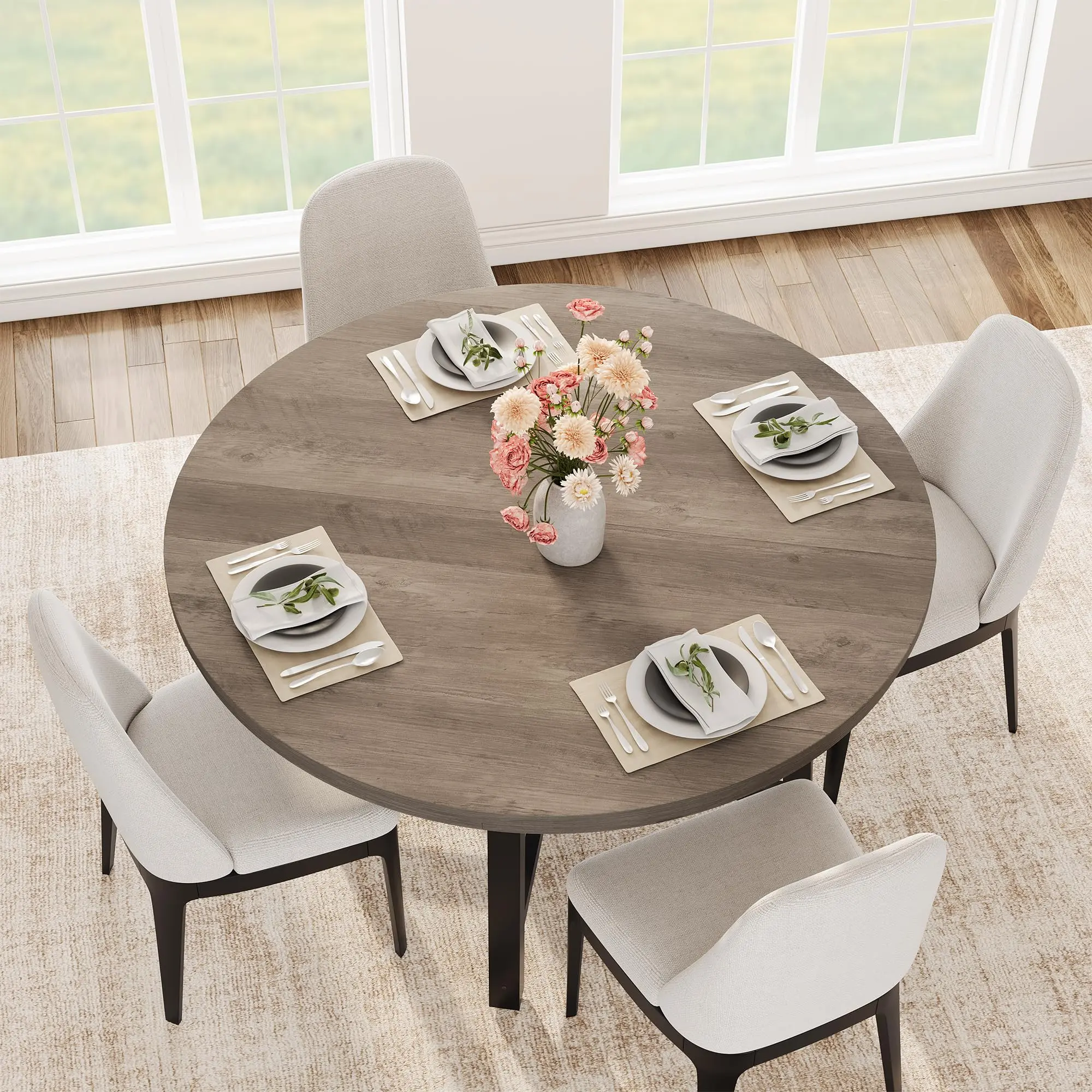 Garvee 47" Round Dining Table for 4 with Sturdy Metal Frame, Wood Circle Kitchen Dining Room Table, Space-Saving Design in Grey, No Chairs Included
