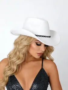 Wide Brim Wool Western Cowboy Hat, American Style Party Atmosphere Cap, Diamond Strap, Versatile Denim Hat for Music Festivals